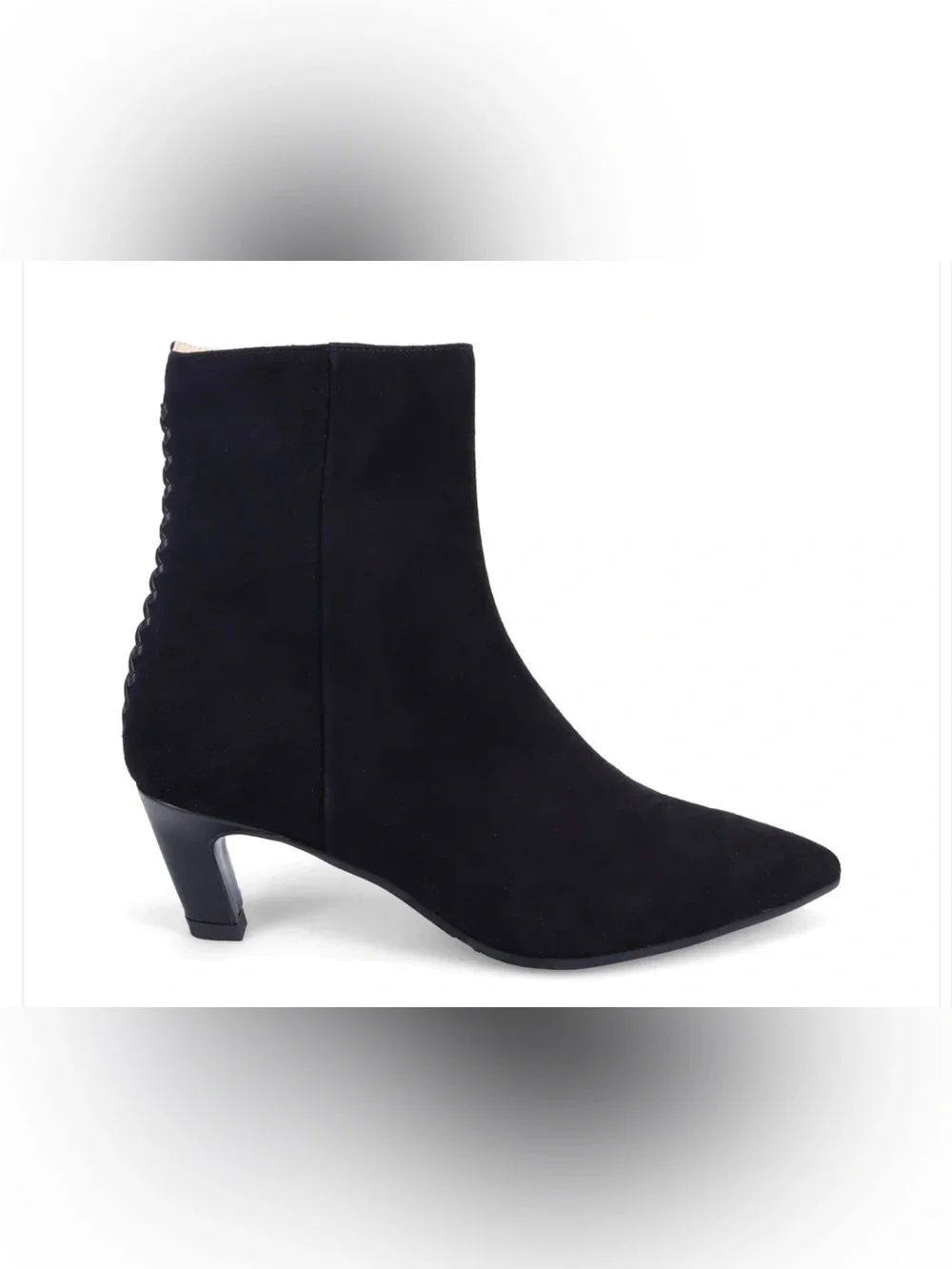 Ron White Loralie Onyx Black Suede Ankle Bootie with Braided Back Detail -